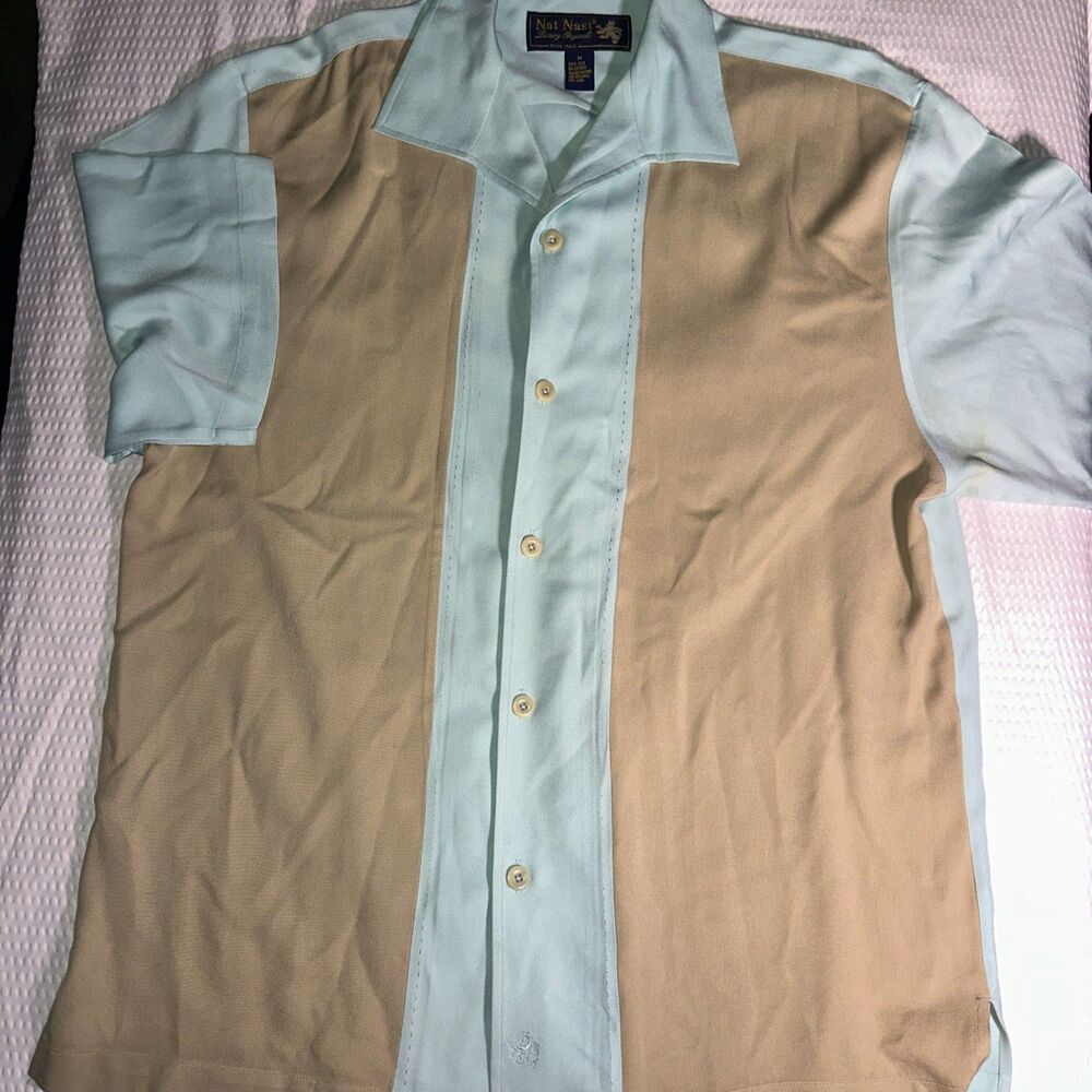 Nat Nast Shirt Mens M Blue/Beige Camp Casual Bowling Silk Colorblock Silk